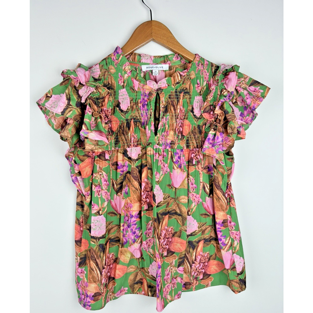 Rose + Olive Womens XS Green Pink Floral Smocked Ruffle Sleeve Blouse Romantic - Picture 2 of 10